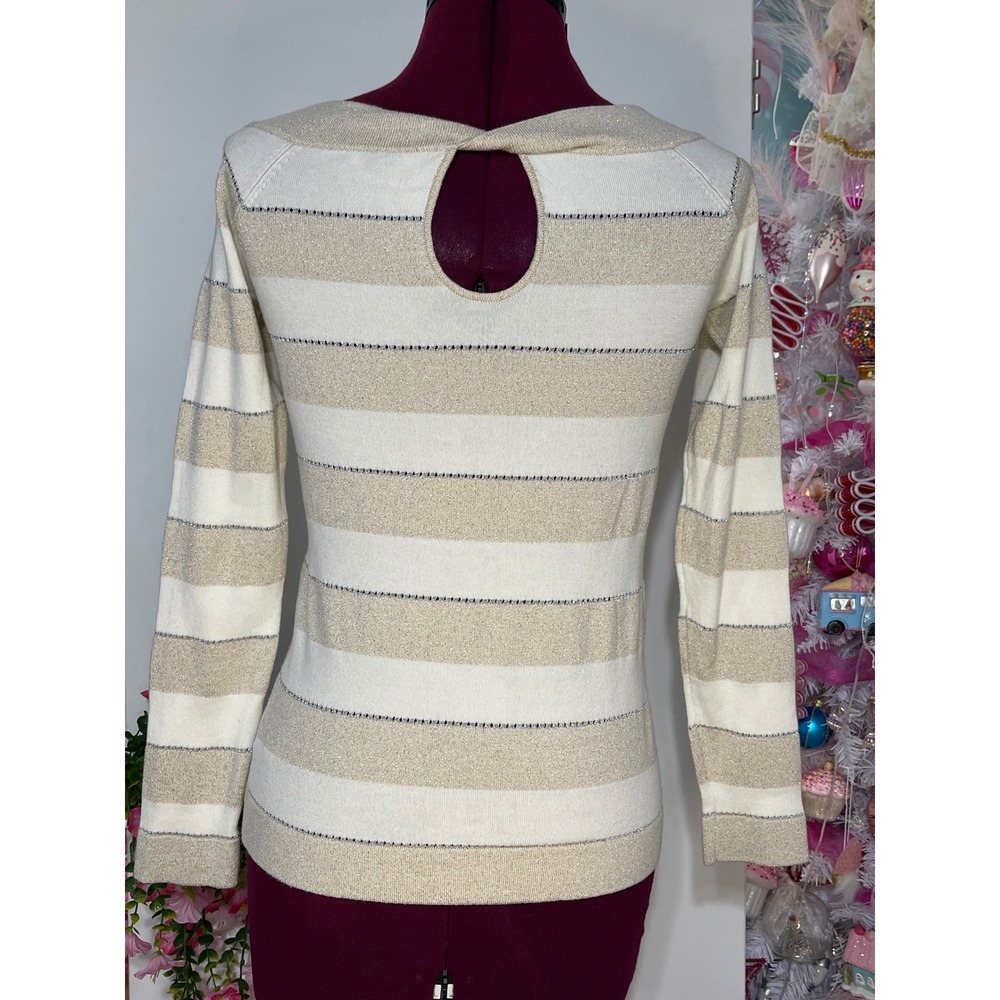 White House Black Market Sweater Women S Gold Ivory Good Metallic Twist Back - Picture 3 of 6